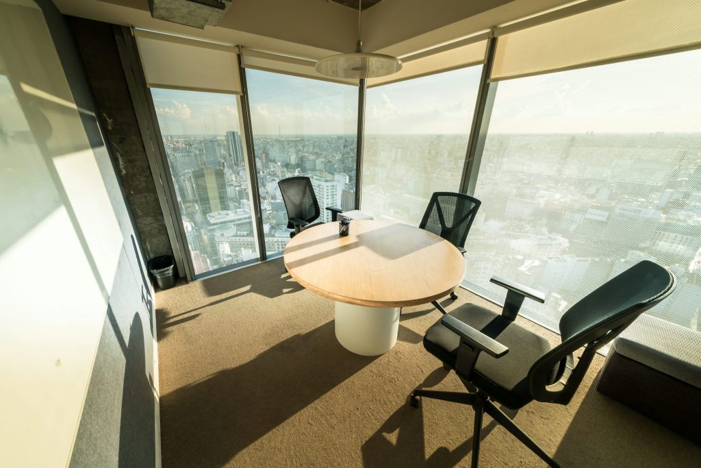 Modern international business meeting room overlooking a city